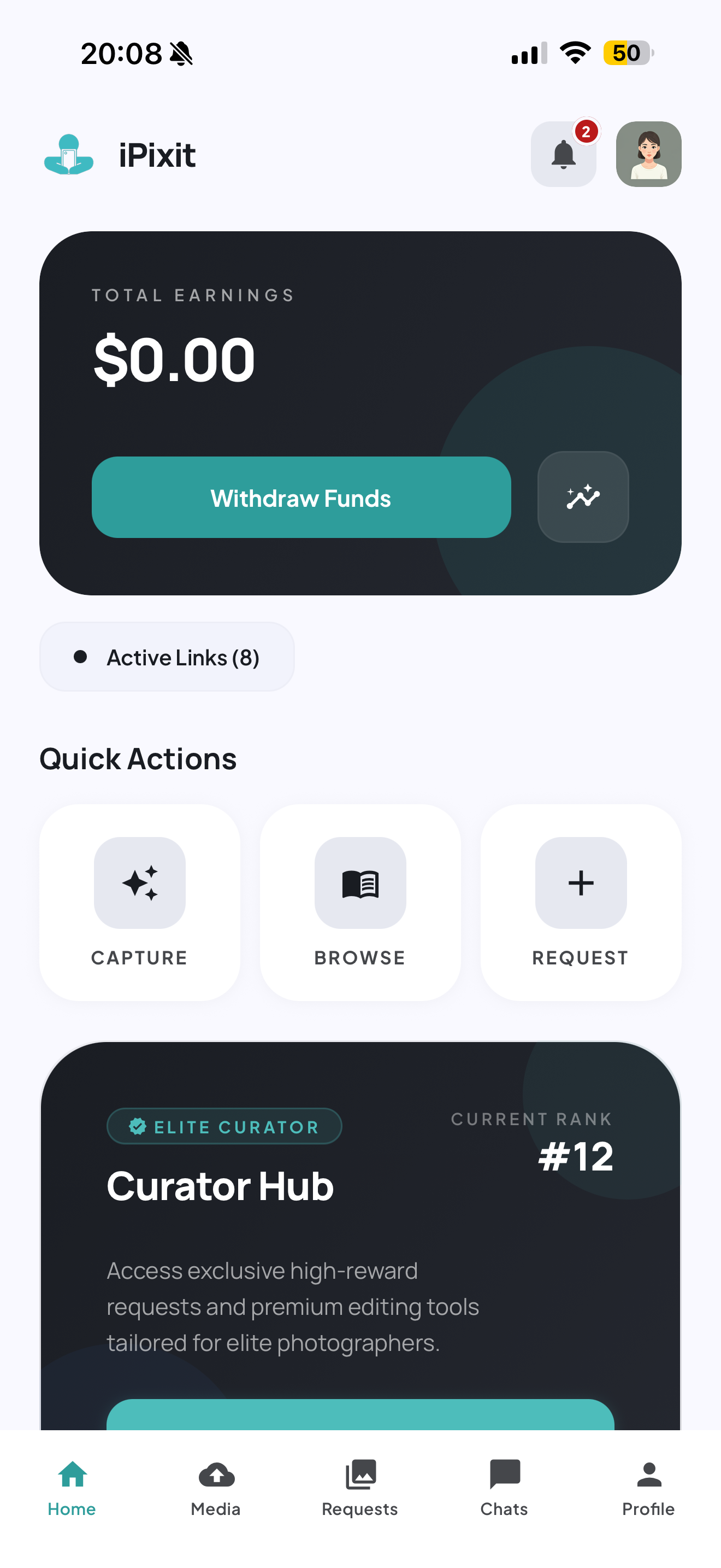 iPixit dashboard — earnings, quick actions, and curator hub